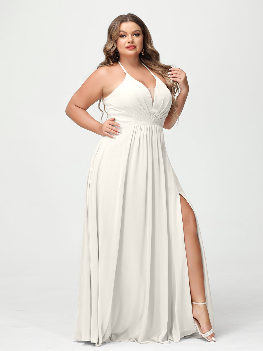 A-Line/Princess Halter Sleeveless Chiffon Ruched Split Side Plus Size Bridesmaid Dresses with Pockets