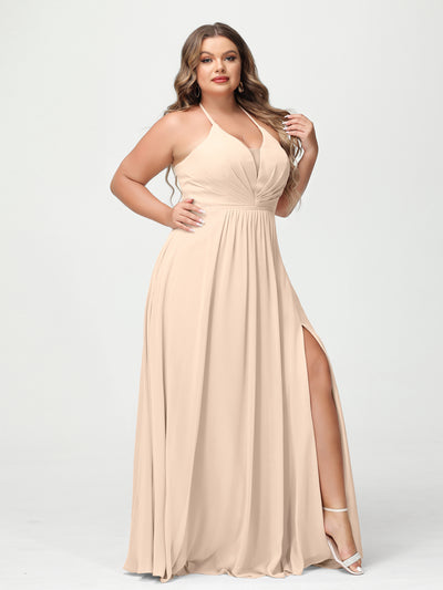 A-Line/Princess Halter Sleeveless Chiffon Ruched Split Side Plus Size Bridesmaid Dresses with Pockets