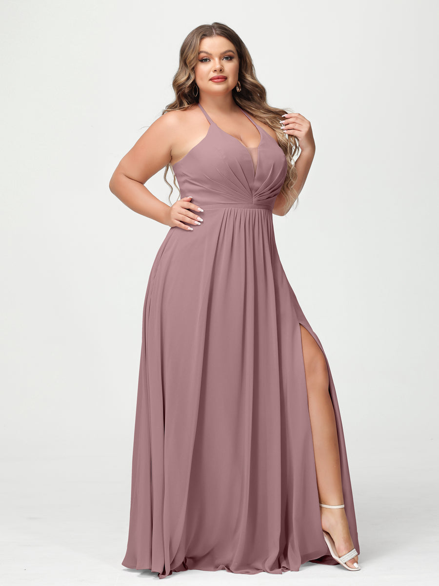 A-Line/Princess Halter Sleeveless Chiffon Ruched Split Side Plus Size Bridesmaid Dresses with Pockets