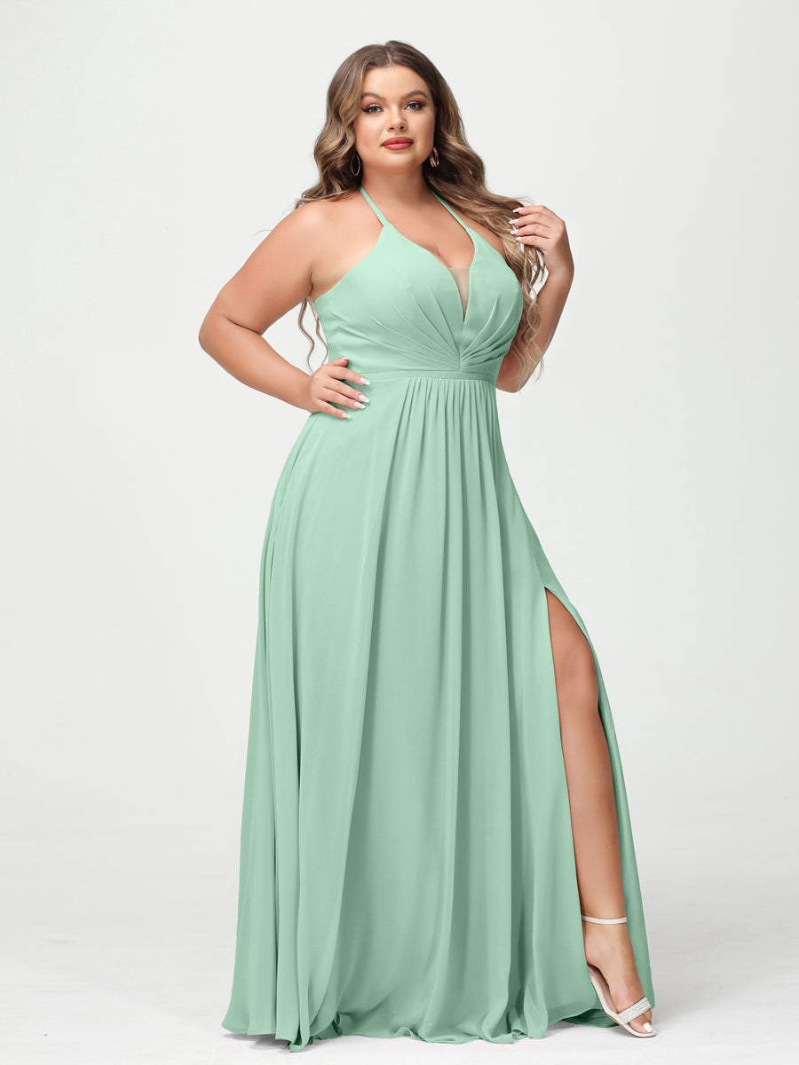 A-Line/Princess Halter Sleeveless Chiffon Ruched Split Side Plus Size Bridesmaid Dresses with Pockets