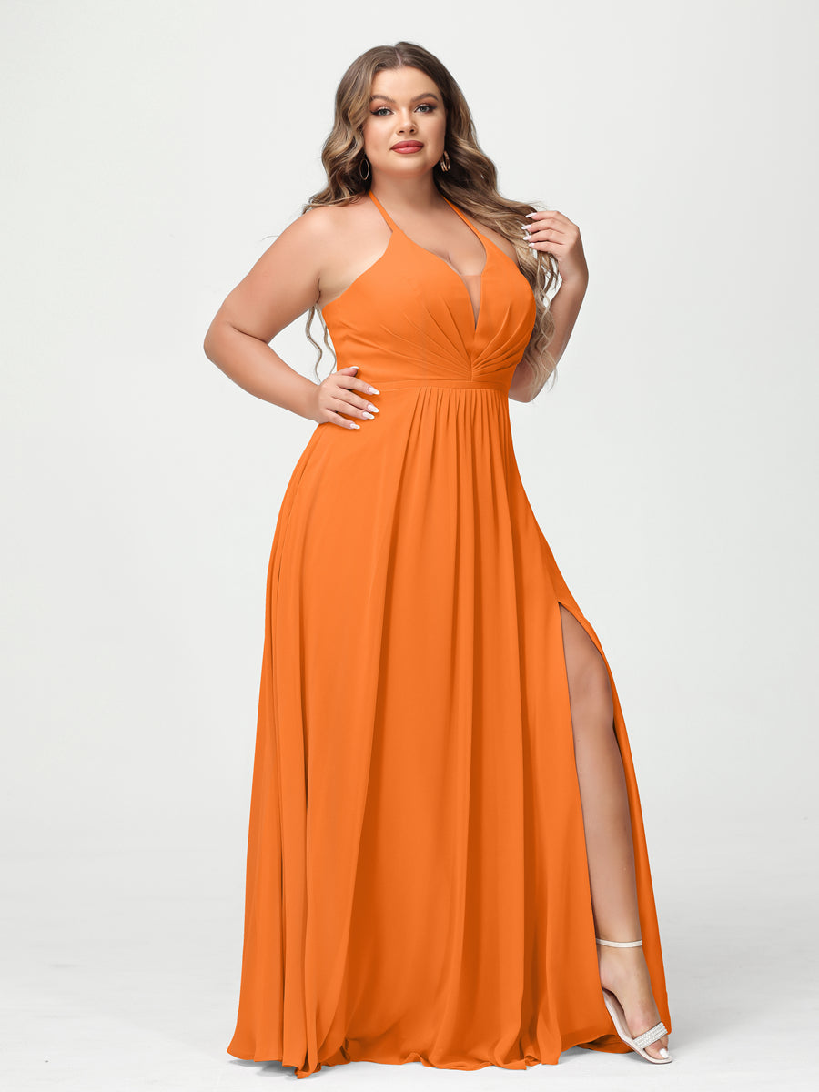 A-Line/Princess Halter Sleeveless Chiffon Ruched Split Side Plus Size Bridesmaid Dresses with Pockets