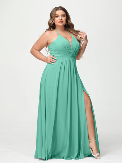 A-Line/Princess Halter Sleeveless Chiffon Ruched Split Side Plus Size Bridesmaid Dresses with Pockets