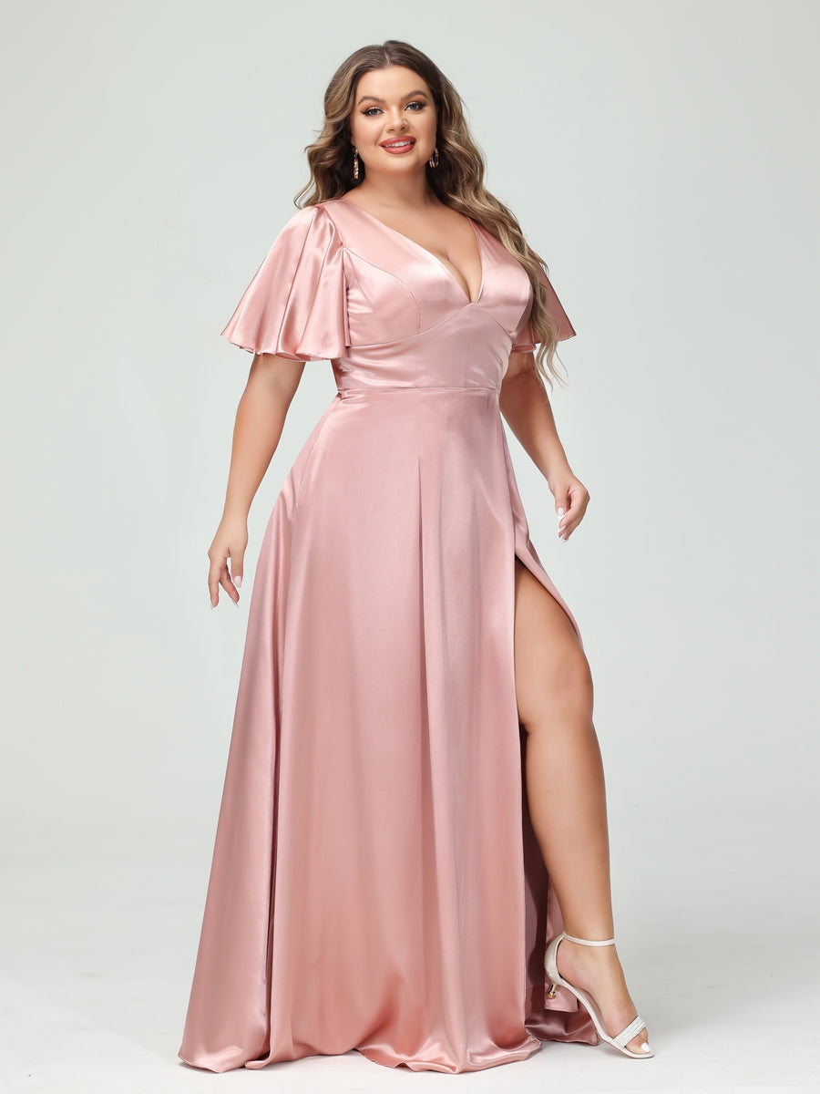 Lavetir White A-Line V-Neck Half Sleeves Silk Satin Plus Size Bridesmaid Dresses with Pockets 2026