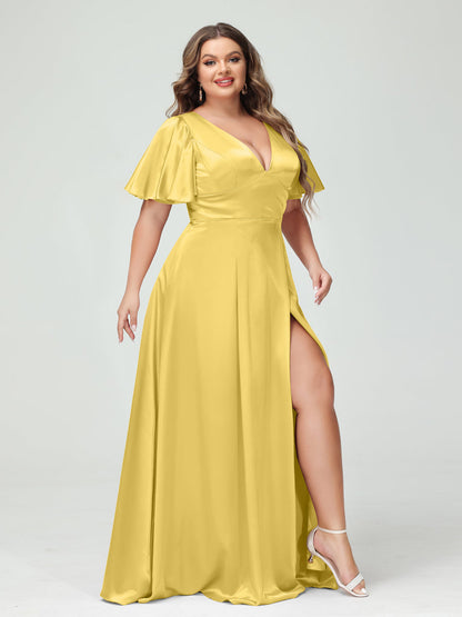 A-Line V-Neck Half Sleeves Silk Satin Plus Size Bridesmaid Dresses