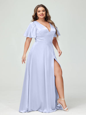A-Line V-Neck Half Sleeves Silk Satin Plus Size Bridesmaid Dresses with Pockets