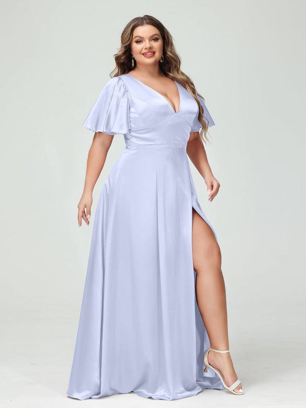 A-Line V-Neck Half Sleeves Silk Satin Plus Size Bridesmaid Dresses with Pockets