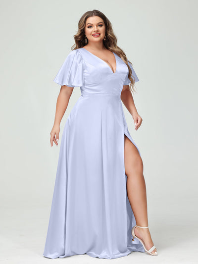 A-Line V-Neck Half Sleeves Silk Satin Plus Size Bridesmaid Dresses with Pockets