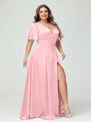 satin dress plus size Lavetir White A-Line V-Neck Half Sleeves Silk Satin Plus Size Bridesmaid Dresses with Pockets 2026