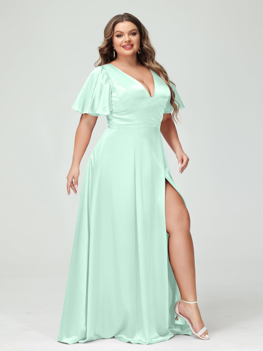 Lavetir Mist Blue A-Line V-Neck Half Sleeves Silk Satin Plus Size Bridesmaid Dresses with Pockets 2026