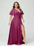 A-Line V-Neck Half Sleeves Silk Satin Plus Size Bridesmaid Dresses with Pockets
