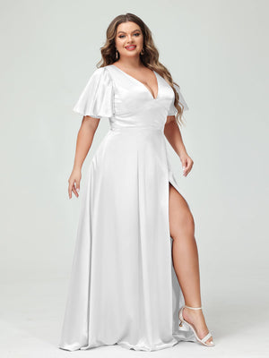 white satin dress plus size Lavetir White A-Line V-Neck Half Sleeves Silk Satin Plus Size Bridesmaid Dresses with Pockets 2026