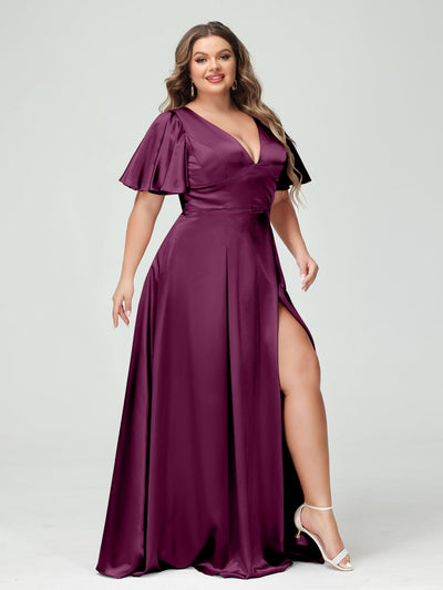 A-Line V-Neck Half Sleeves Silk Satin Plus Size Bridesmaid Dresses with Pockets