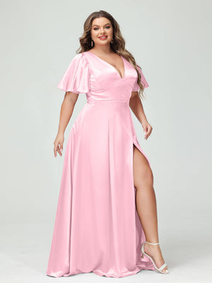 pink satin plus size dresses Plus Size Fitted Beaded Satin Slit Gown by Ladivine CD349C