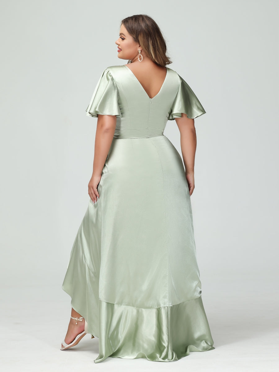 Sheath/Column V-Neck Short Sleeves Ruffles Asymmetrical Plus Size Dresses with Pockets &amp; Sash