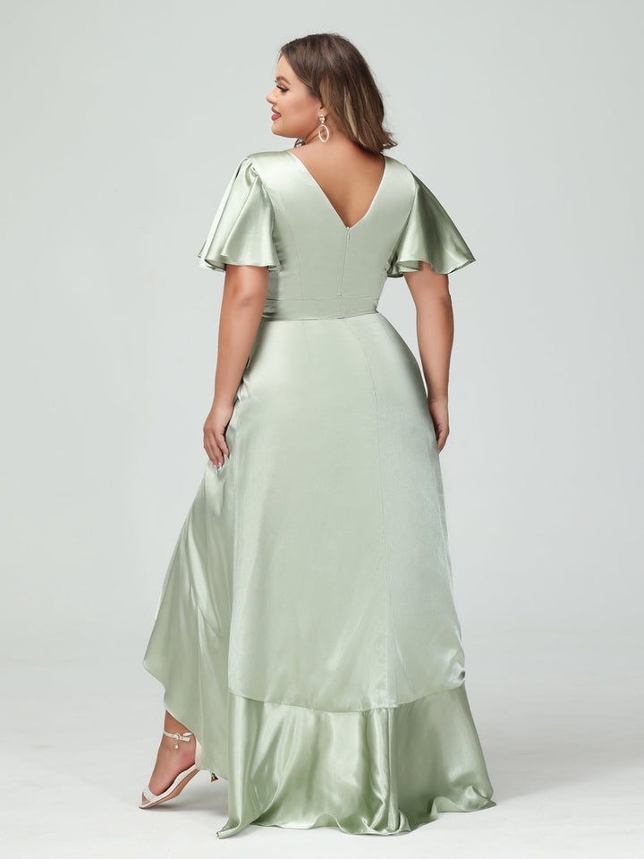 Sheath/Column V-Neck Short Sleeves Ruffles Asymmetrical Plus Size Dresses with Pockets &amp; Sash