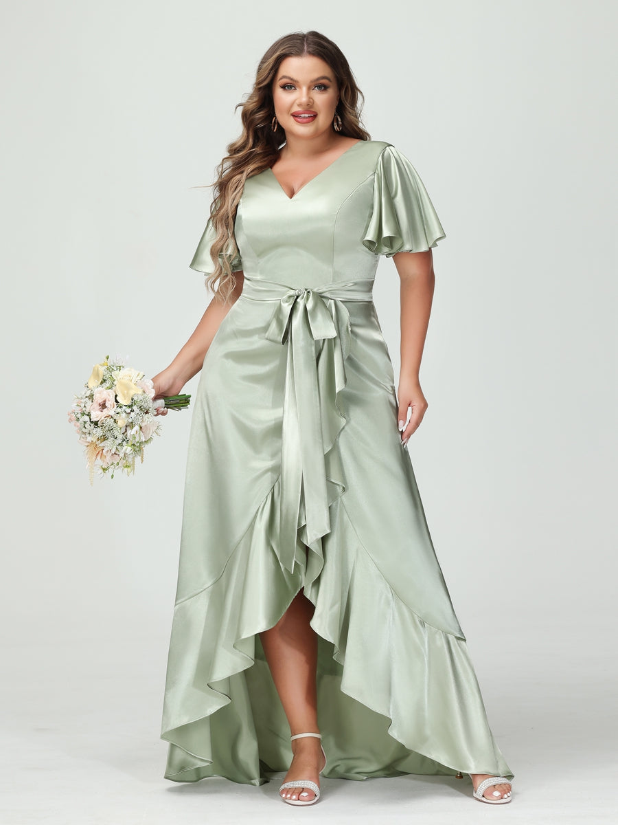 Sheath/Column V-Neck Short Sleeves Ruffles Asymmetrical Plus Size Dresses with Pockets &amp; Sash