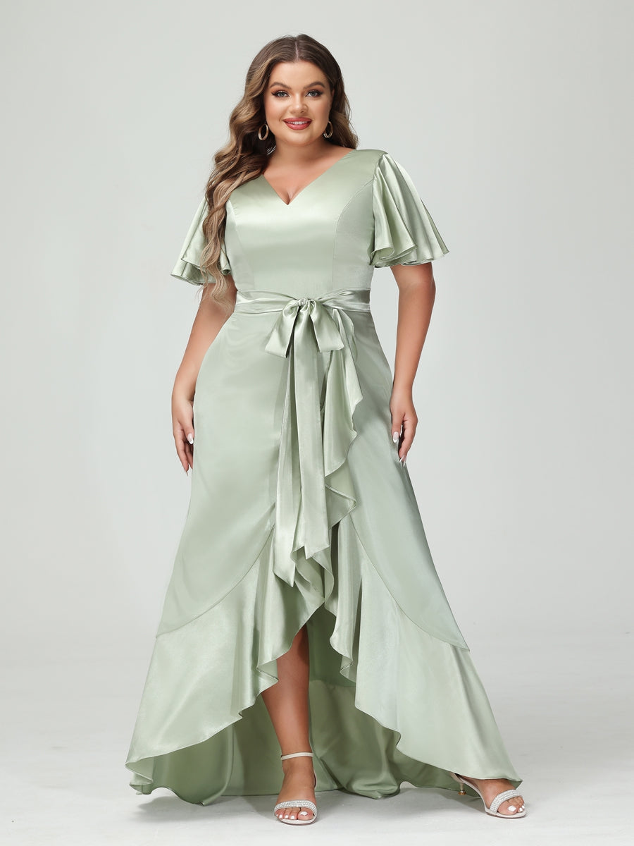 Sheath/Column V-Neck Short Sleeves Ruffles Asymmetrical Plus Size Dresses with Pockets &amp; Sash
