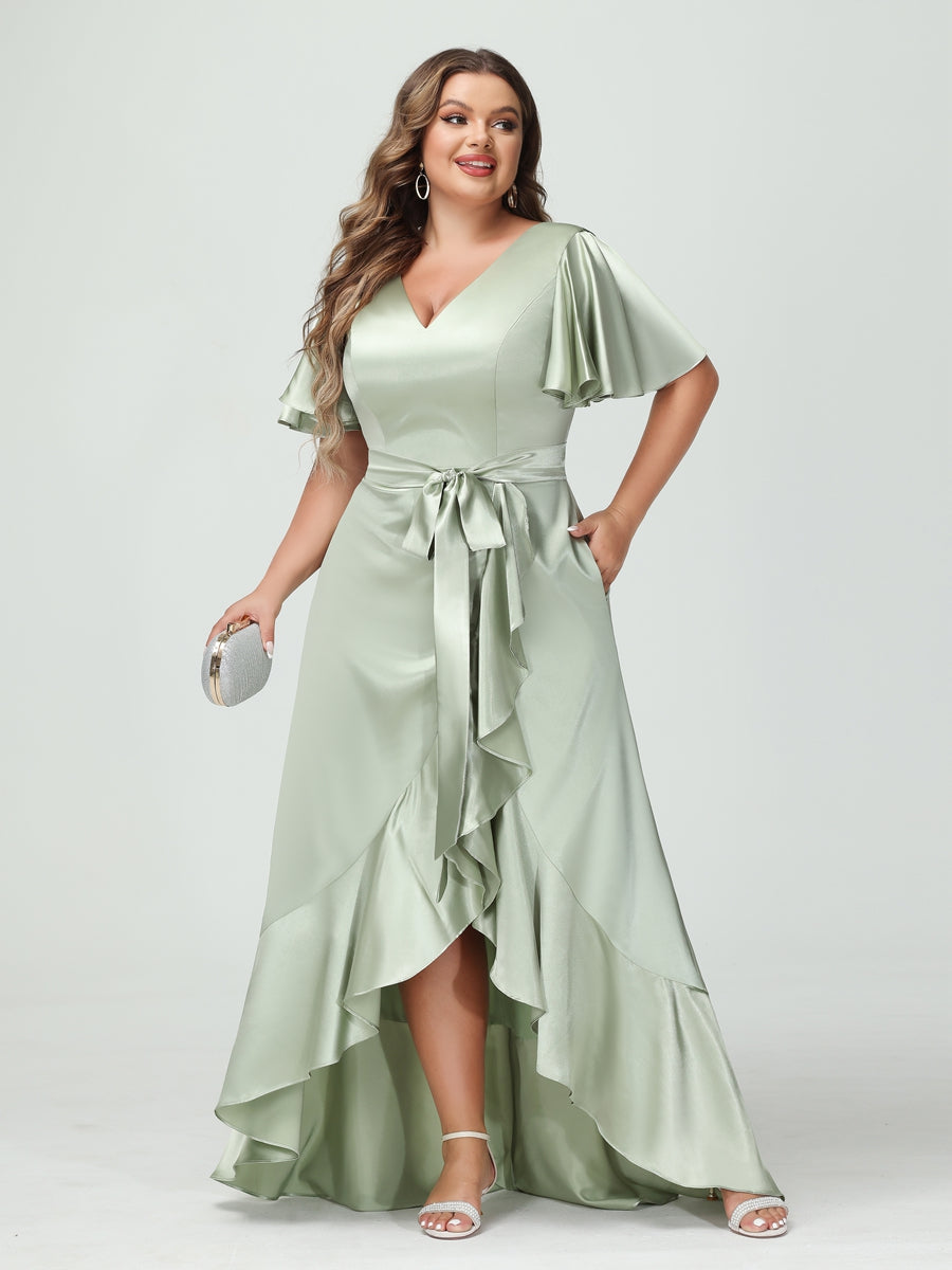 Sheath/Column V-Neck Short Sleeves Ruffles Asymmetrical Plus Size Dresses with Pockets &amp; Sash