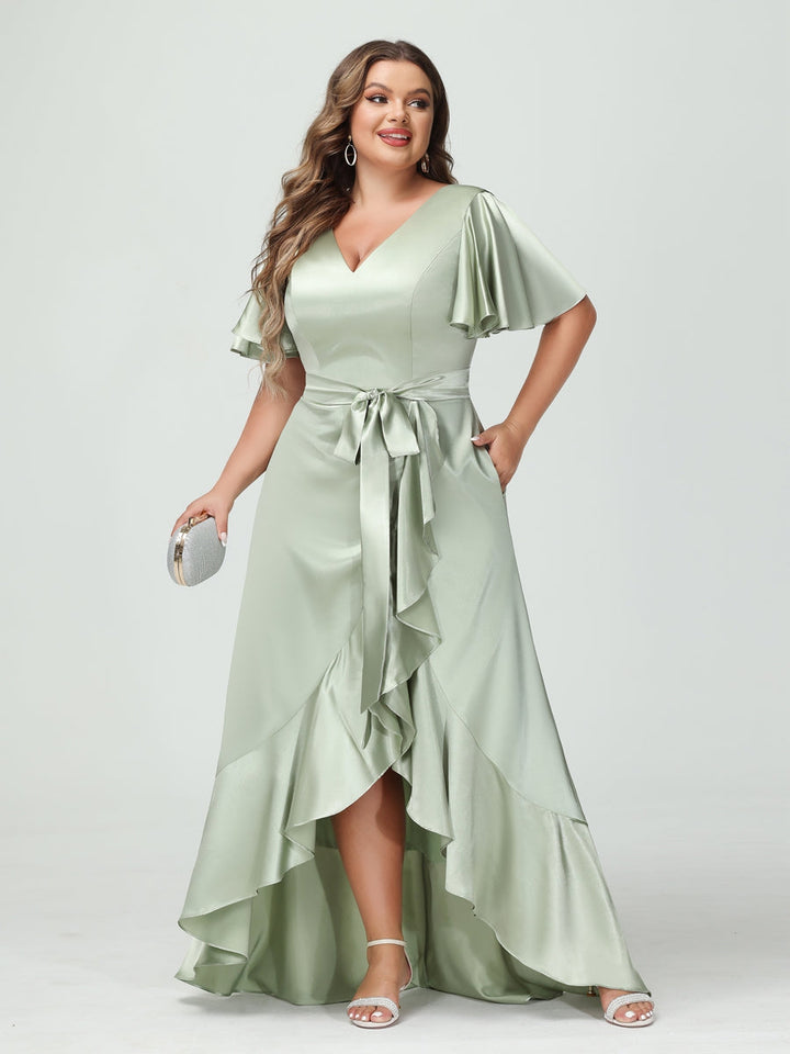 Sheath/Column V-Neck Short Sleeves Ruffles Asymmetrical Plus Size Dresses with Pockets &amp; Sash