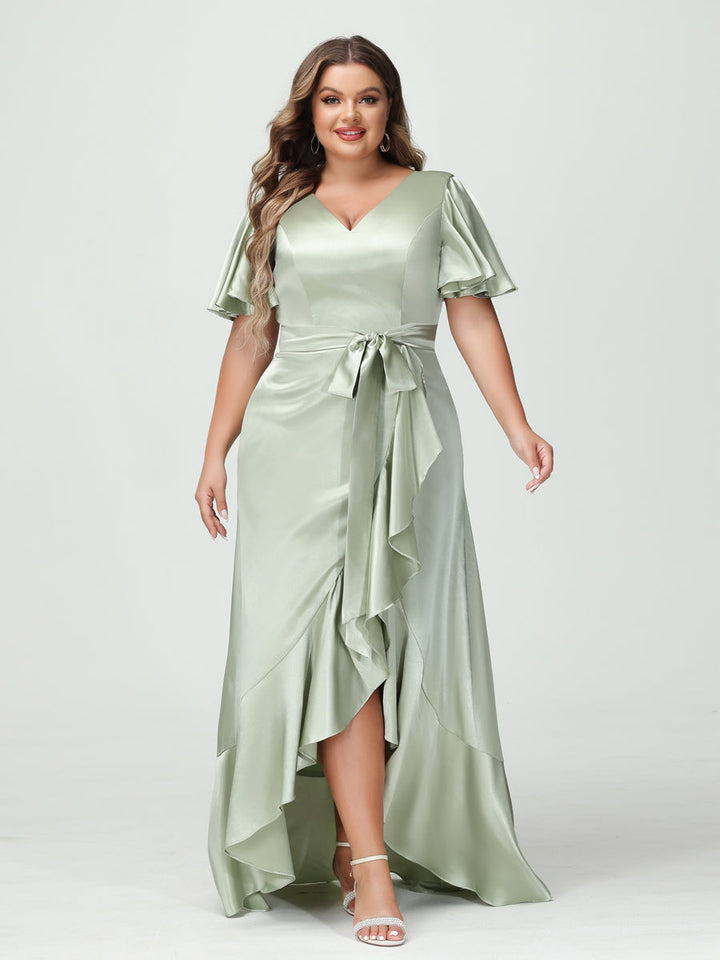 Sheath/Column V-Neck Short Sleeves Ruffles Asymmetrical Plus Size Dresses with Pockets &amp; Sash