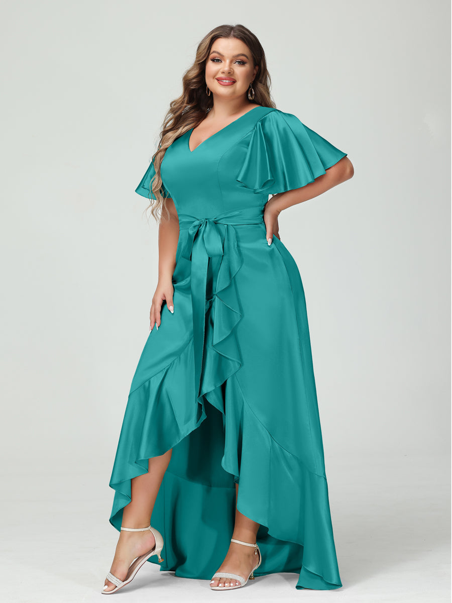 Sheath/Column V-Neck Short Sleeves Ruffles Asymmetrical Plus Size Dresses with Pockets &amp; Sash