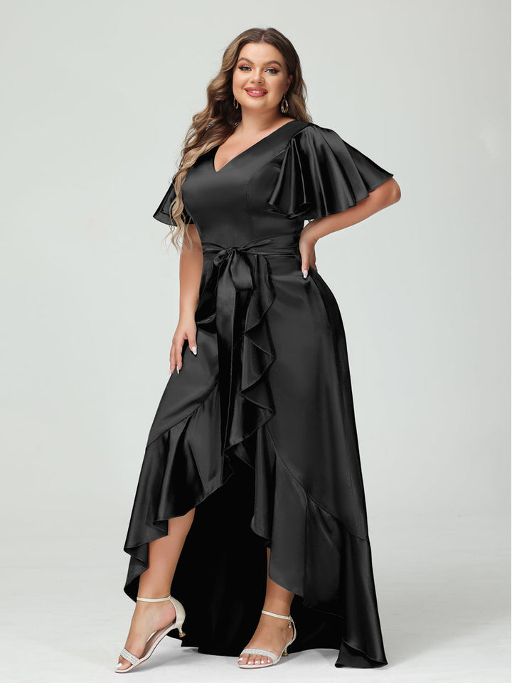 Sheath/Column V-Neck Short Sleeves Ruffles Asymmetrical Plus Size Dresses with Pockets &amp; Sash