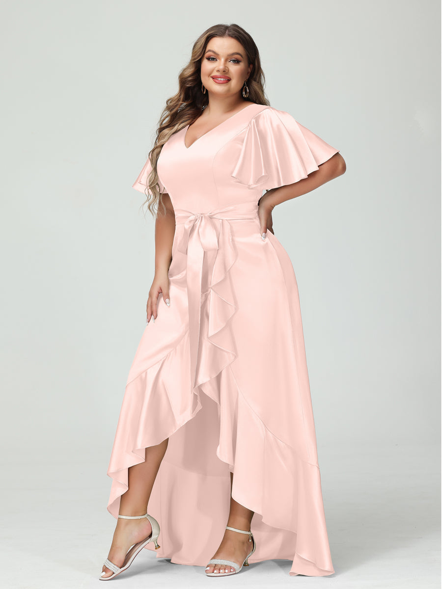 Sheath/Column V-Neck Short Sleeves Ruffles Asymmetrical Plus Size Dresses with Pockets &amp; Sash
