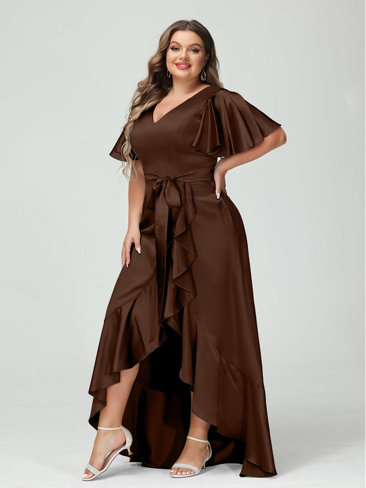 Sheath/Column V-Neck Short Sleeves Ruffles Asymmetrical Plus Size Dresses with Pockets &amp; Sash