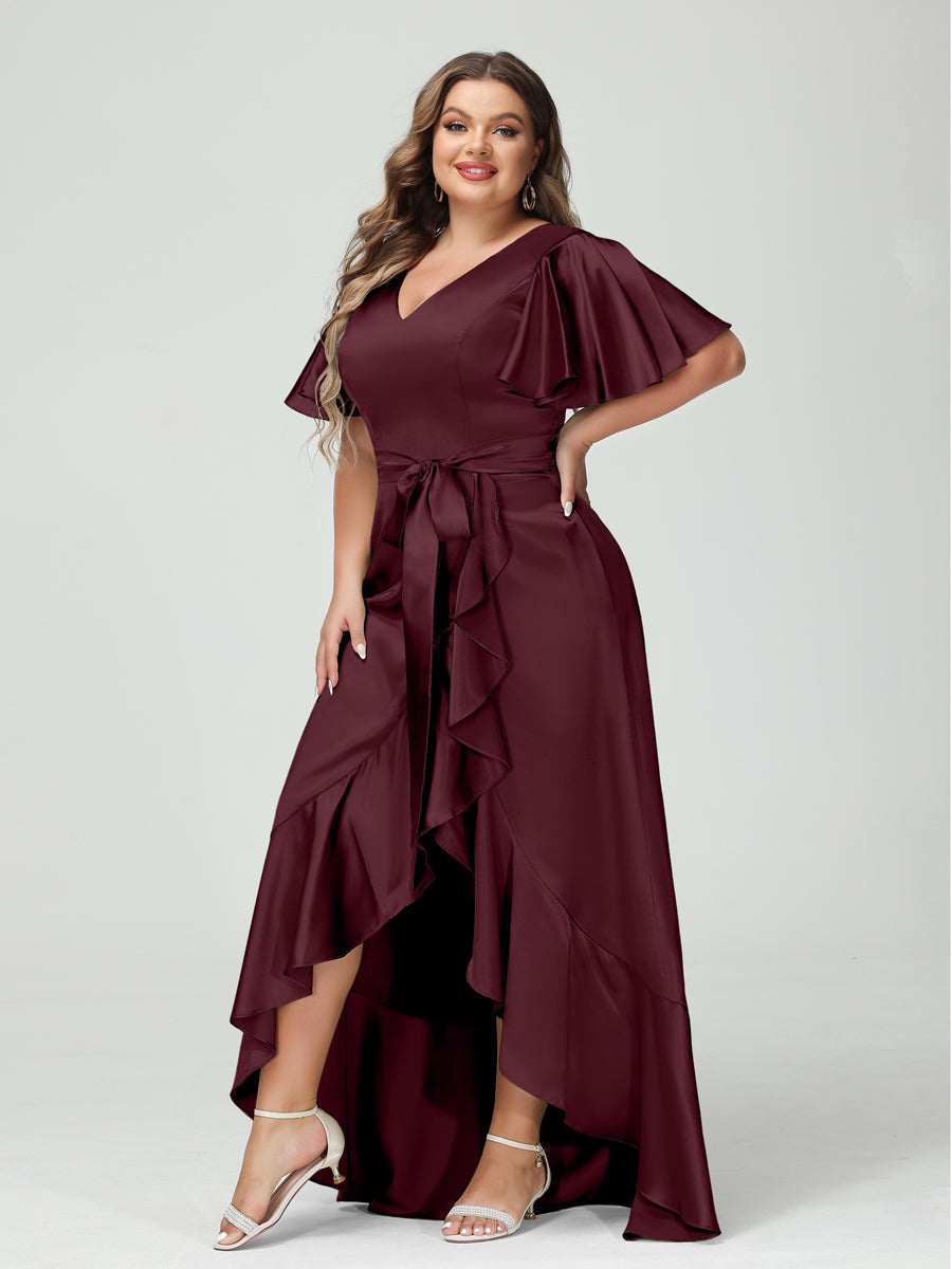 Sheath/Column V-Neck Short Sleeves Ruffles Asymmetrical Plus Size Dresses with Pockets &amp; Sash