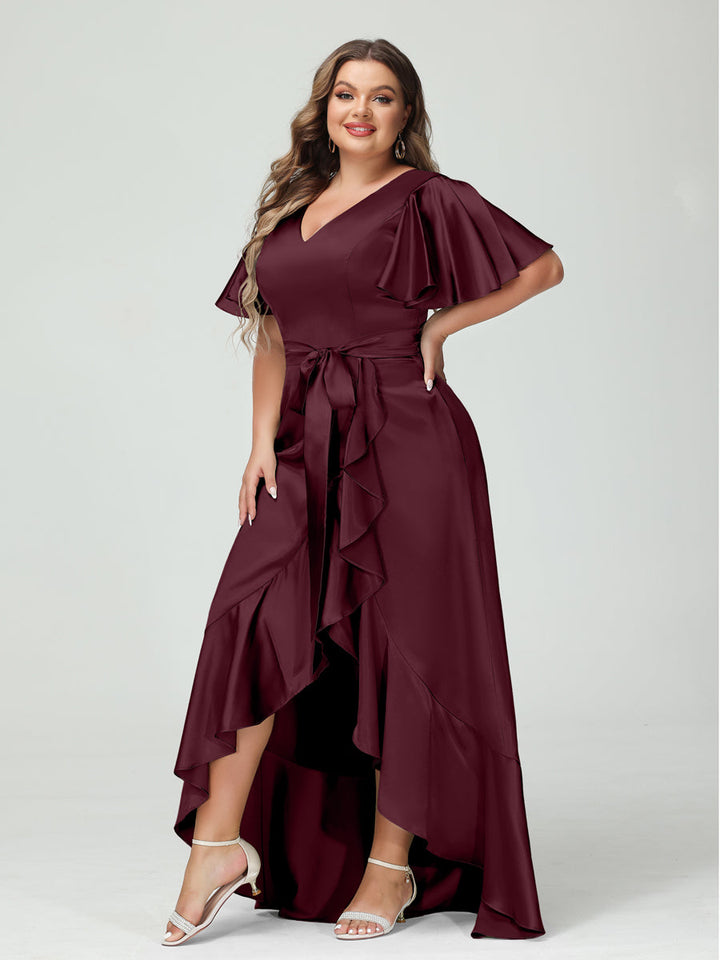 Sheath/Column V-Neck Short Sleeves Ruffles Asymmetrical Plus Size Dresses with Pockets &amp; Sash