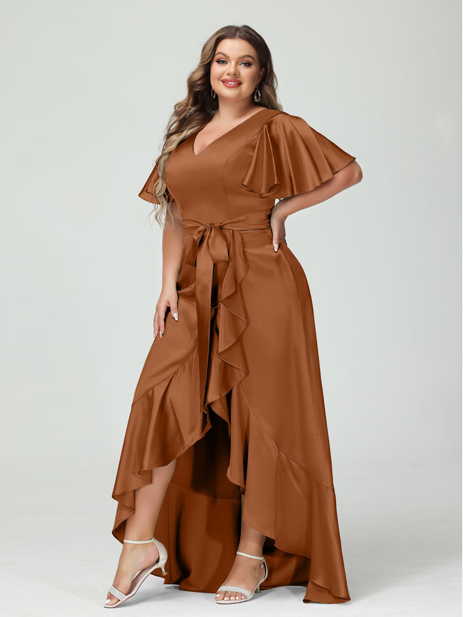 Sheath/Column V-Neck Short Sleeves Ruffles Asymmetrical Plus Size Dresses with Pockets &amp; Sash