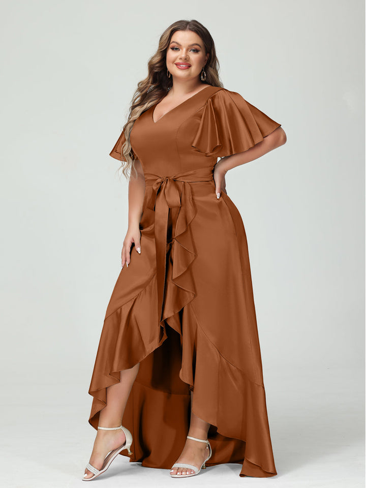 Sheath/Column V-Neck Short Sleeves Ruffles Asymmetrical Plus Size Dresses with Pockets &amp; Sash
