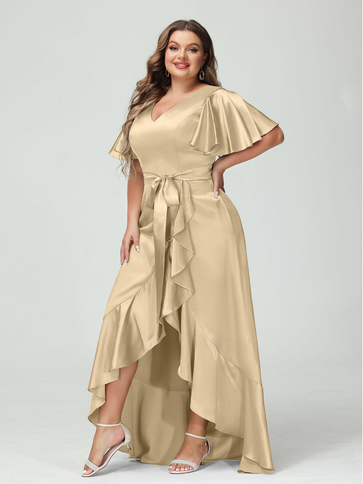 Sheath/Column V-Neck Short Sleeves Ruffles Asymmetrical Plus Size Dresses with Pockets &amp; Sash