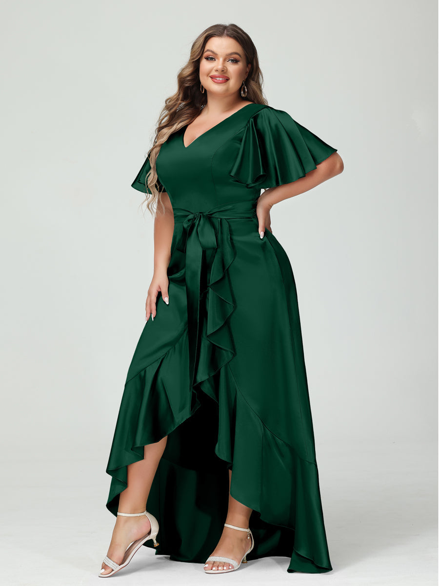 Sheath/Column V-Neck Short Sleeves Ruffles Asymmetrical Plus Size Dresses with Pockets &amp; Sash