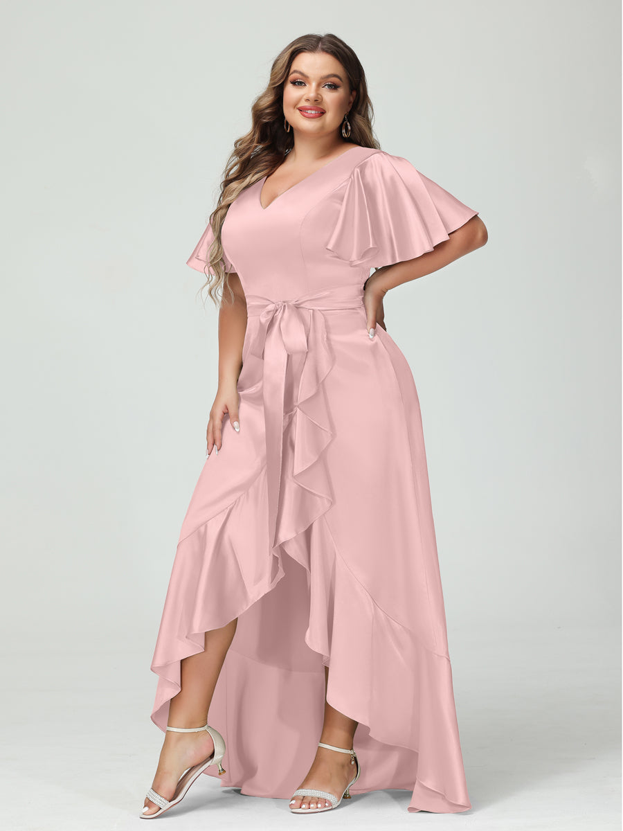Sheath/Column V-Neck Short Sleeves Ruffles Asymmetrical Plus Size Dresses with Pockets &amp; Sash