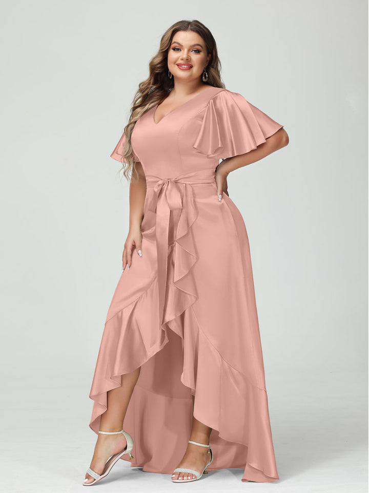 Sheath/Column V-Neck Short Sleeves Ruffles Asymmetrical Plus Size Dresses with Pockets &amp; Sash
