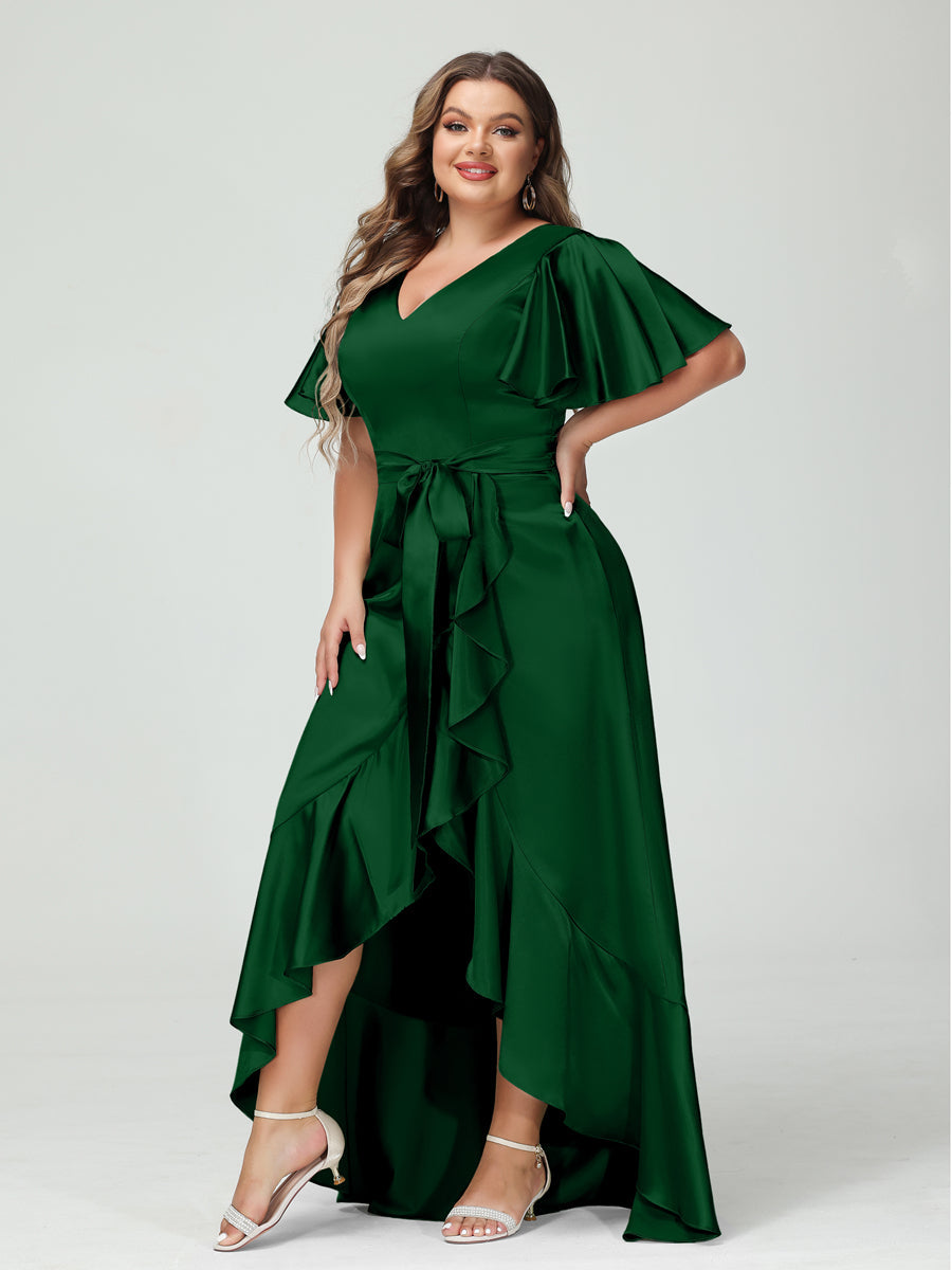 Sheath/Column V-Neck Short Sleeves Ruffles Asymmetrical Plus Size Dresses with Pockets &amp; Sash