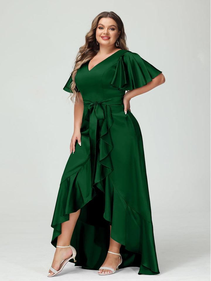 Sheath/Column V-Neck Short Sleeves Ruffles Asymmetrical Plus Size Dresses with Pockets &amp; Sash