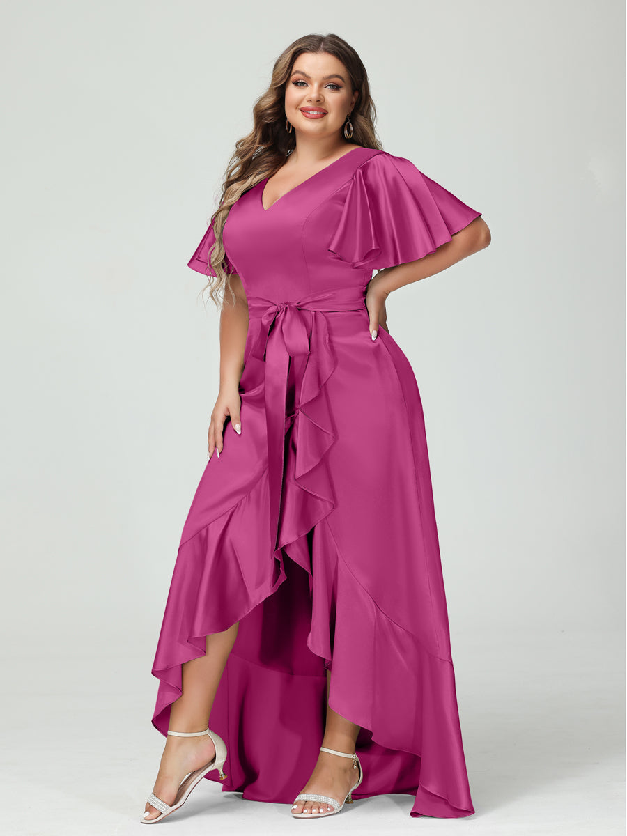 Sheath/Column V-Neck Short Sleeves Ruffles Asymmetrical Plus Size Dresses with Pockets &amp; Sash