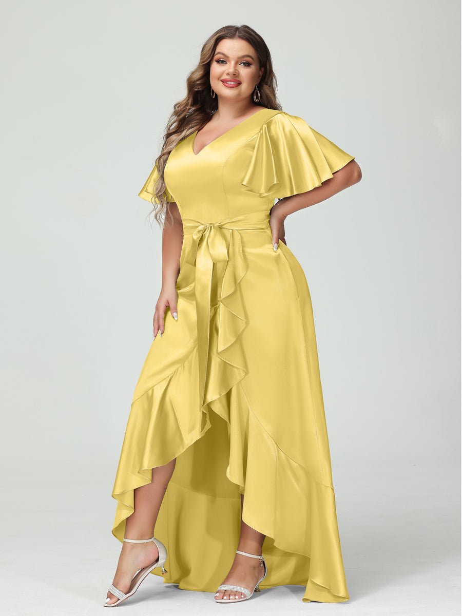 Sheath/Column V-Neck Short Sleeves Ruffles Asymmetrical Plus Size Dresses with Pockets &amp; Sash