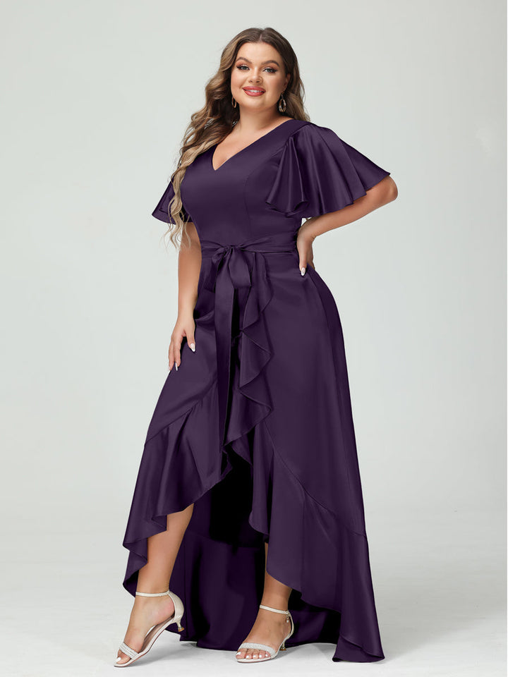 Sheath/Column V-Neck Short Sleeves Ruffles Asymmetrical Plus Size Dresses with Pockets &amp; Sash