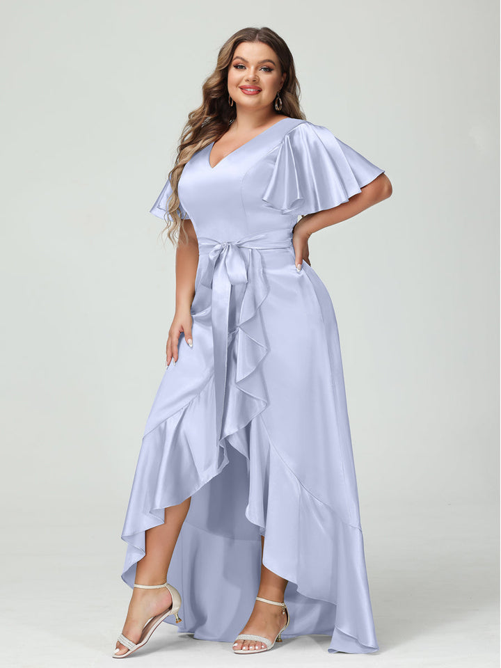 Sheath/Column V-Neck Short Sleeves Ruffles Asymmetrical Plus Size Dresses with Pockets &amp; Sash