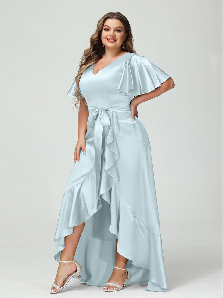 Sheath/Column V-Neck Short Sleeves Ruffles Asymmetrical Plus Size Dresses with Pockets &amp; Sash