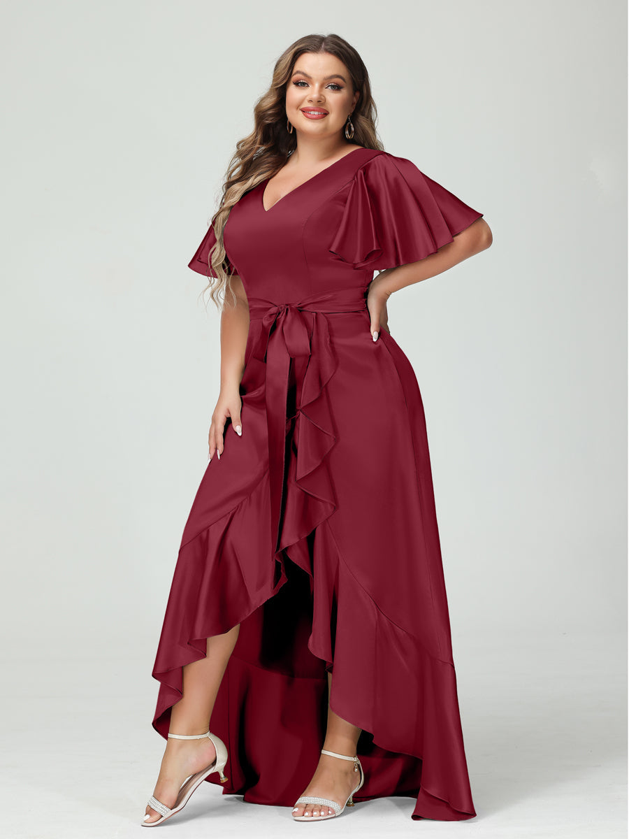Sheath/Column V-Neck Short Sleeves Ruffles Asymmetrical Plus Size Dresses with Pockets &amp; Sash