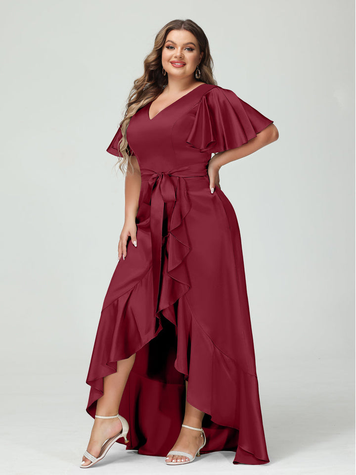 Sheath/Column V-Neck Short Sleeves Ruffles Asymmetrical Plus Size Dresses with Pockets &amp; Sash
