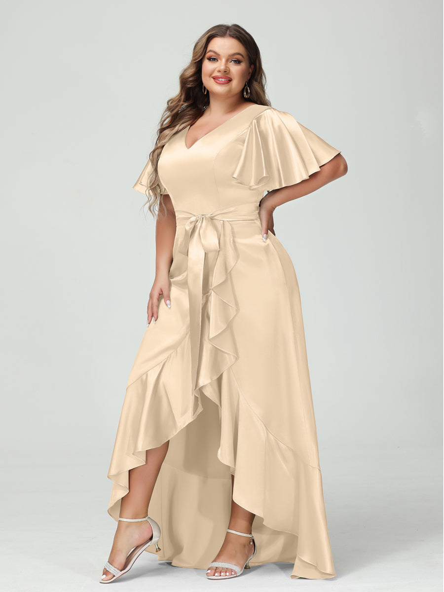 Sheath/Column V-Neck Short Sleeves Ruffles Asymmetrical Plus Size Dresses with Pockets &amp; Sash