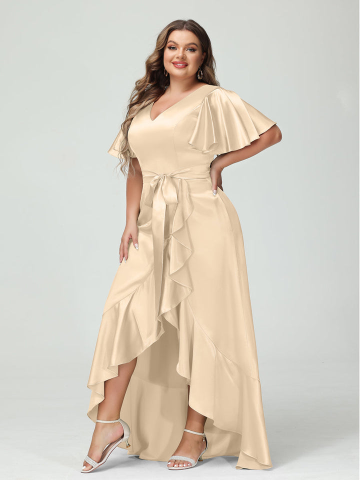 Sheath/Column V-Neck Short Sleeves Ruffles Asymmetrical Plus Size Dresses with Pockets &amp; Sash