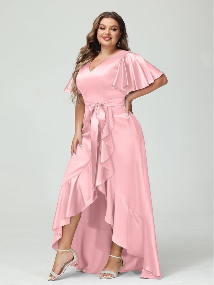 Sheath/Column V-Neck Short Sleeves Ruffles Asymmetrical Plus Size Dresses with Pockets &amp; Sash