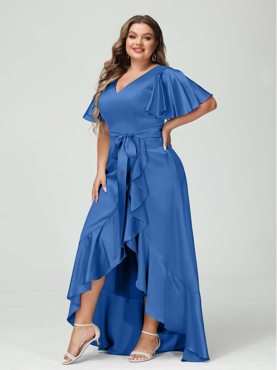 Sheath/Column V-Neck Short Sleeves Ruffles Asymmetrical Plus Size Dresses with Pockets &amp; Sash