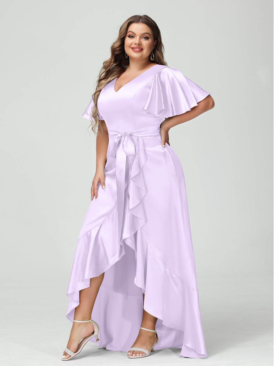 Sheath/Column V-Neck Short Sleeves Ruffles Asymmetrical Plus Size Dresses with Pockets &amp; Sash